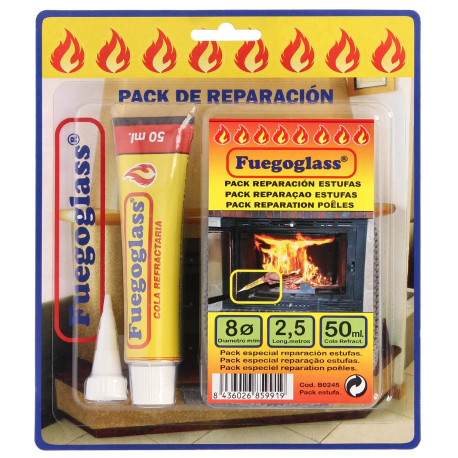 Kit Reparacion Estufas/Chimeneas, Cola Refractaria y Cordon Fibra Vidrio 8 mm. x 2,5 m.