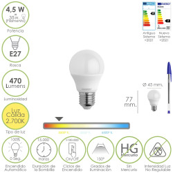 Bombilla Led Esferica Rosca E27 4.5 Watt. Equivale A 55 Watt. 470 Lumenes. Luz Cálida (2700º K.)