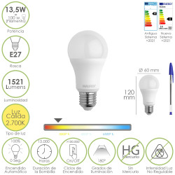 Bombilla Led Estandar Rosca E27. 13,5 Watt. Equivale A 100 Watt. 1521 Lumenes. Luz Calida (3000º K.)