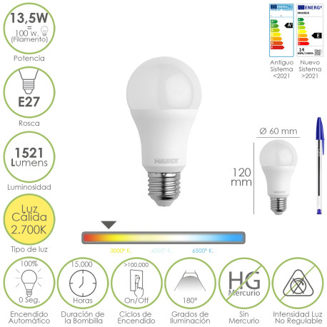 Bombilla Led Estandar Rosca E27. 13,5 Watt. Equivale A 100 Watt. 1521 Lumenes. Luz Calida (3000º K.)