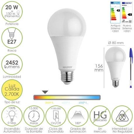 Bombilla Led Estandar Rosca E27. 20  Watt. Equivale A 150 Watt. 2452 Lumenes. Luz Calida (3000º K.)