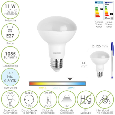 Bombilla Led Reflectante E27. 11 Watt. Equivale A 100 Watt. 1055 Lumenes. Luz Fria 6.500º K.