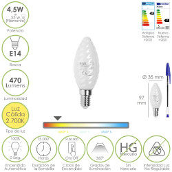 Bombilla Led Filamento Vela Esmerilada E14. 4,5 Watt. Equivale A 35 Watt. 470 Lumenes. Luz Calida 2700º K.