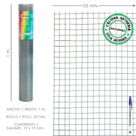 Malla Electrosoldada Galvanizada 25x25 / 1,60 / 100 cm. GD Rollo 25 metros.