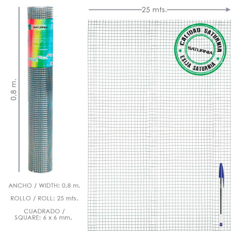 Malla Electrosoldada Galvanizada 6x6 / 80 cm. rollo 25 Metros Uso Domestico