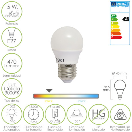 Bombilla Led Esferica E27 5 W. - 40 W. 470 lúmenes. Luz cálida (3.000 °K).